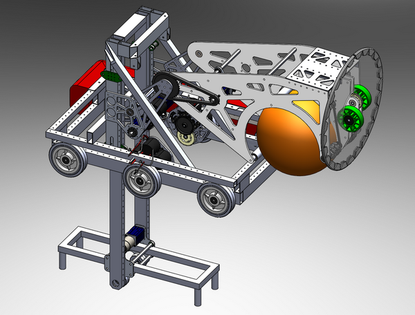 CAD model of our offseason robot, Woodie, climbing